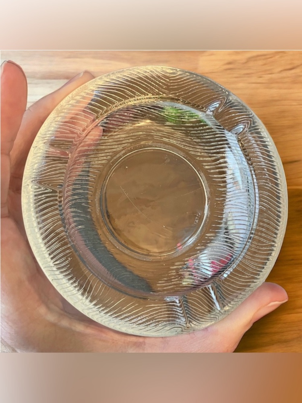 Vintage Heavy Glass Round Ashtray Clear Base Etched Striped Edges MCM Man Cave